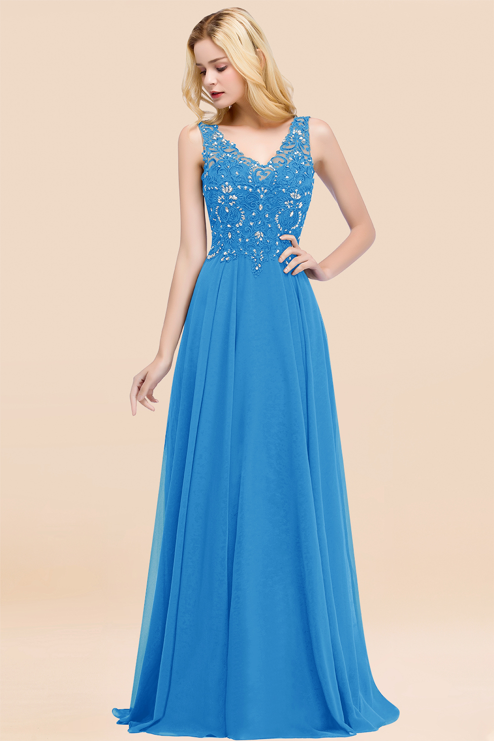 Long A-line Straps V Neck Applique Lace Floor Length Chiffon Bridesmaid Dresses - YESBABYONLINE