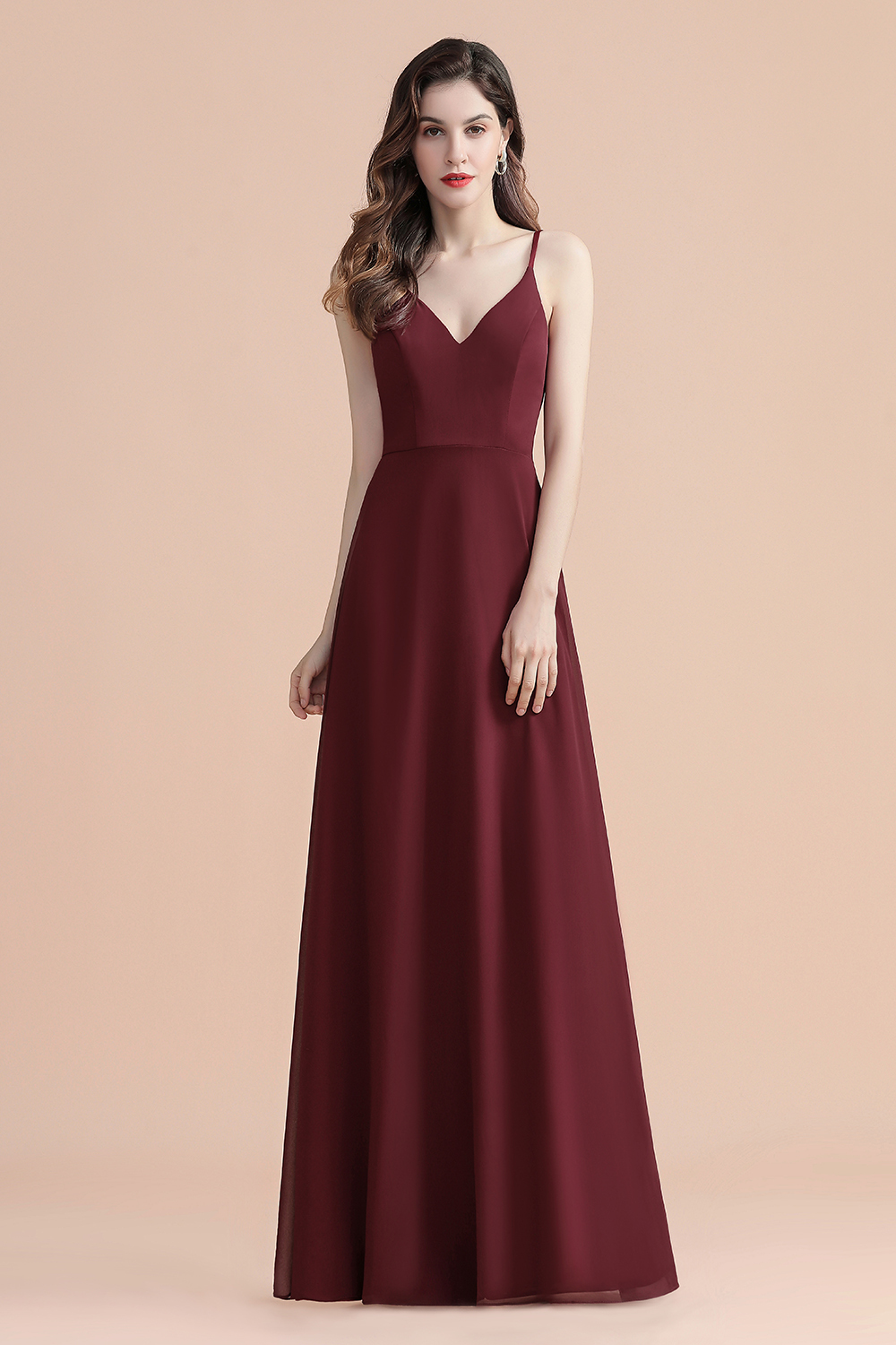 Elegant Long A-line V-Neck Chiffon Backless Bridesmaid Dresses - YESBABYONLINE