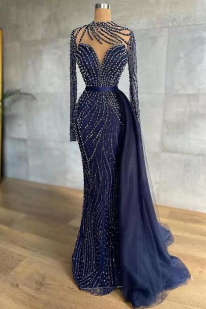 Long High Neck Tulle Beading Mermaid Formal Prom Dress with Sleeves - YESBABYONLINE