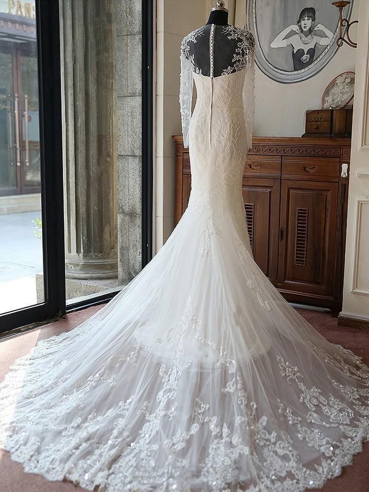 Gorgeous Long Sleeves Mermaid Tulle Applique Lace Wedding Dresses - YESBABYONLINE