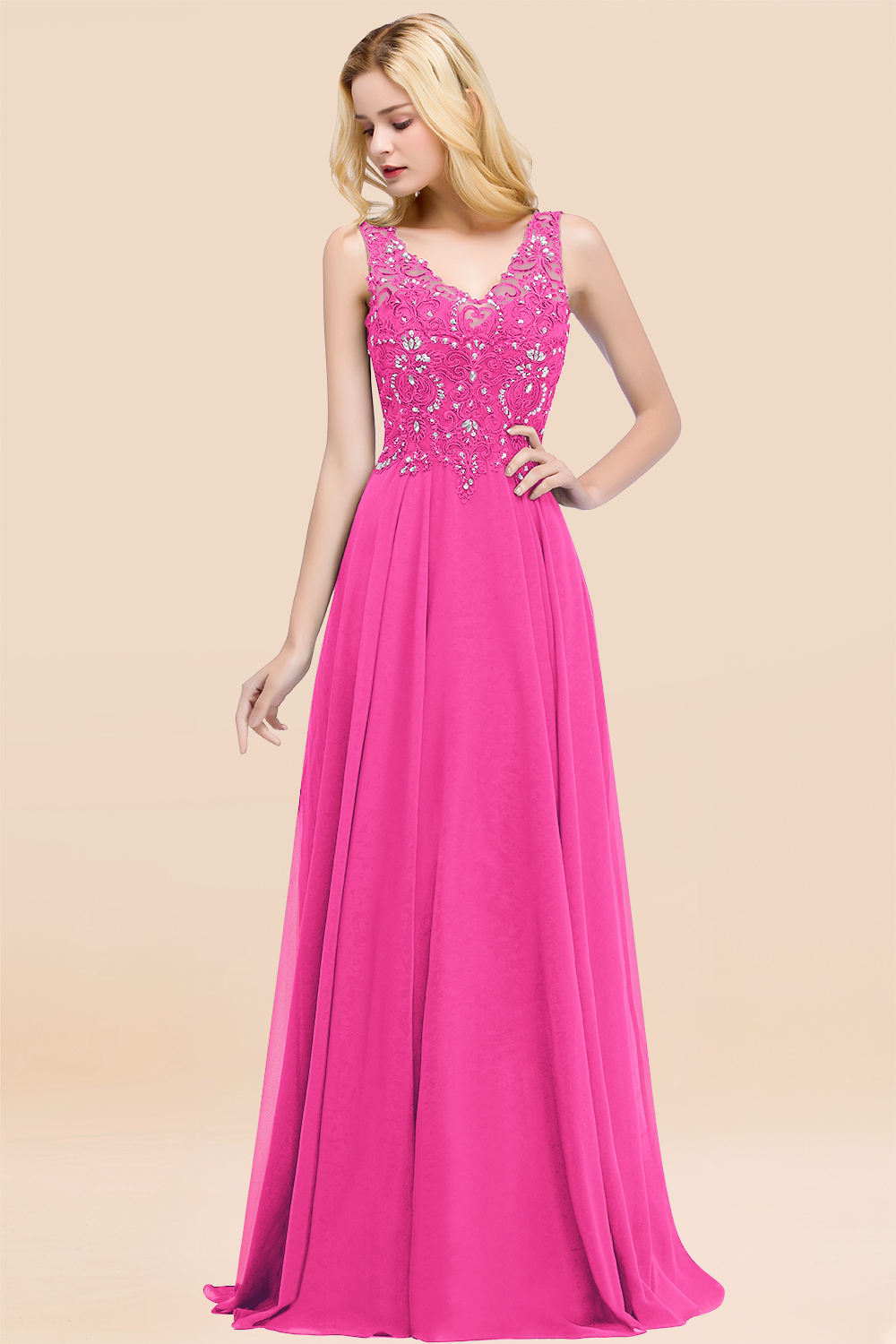 Long A-line Straps V Neck Applique Lace Floor Length Chiffon Bridesmaid Dresses - YESBABYONLINE