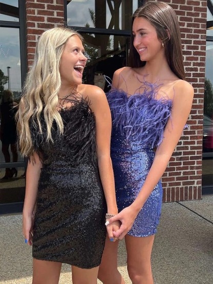 Elegant Short Sheath Sequins Feathers Strapless Sleeveless Prom Dresses - YESBABYONLINE