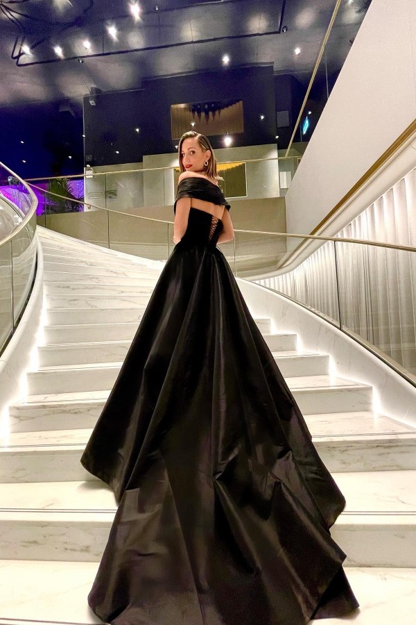 Black Long A-Line Strapless Off the Shoulder Satin Prom Dress with Slit - YESBABYONLINE