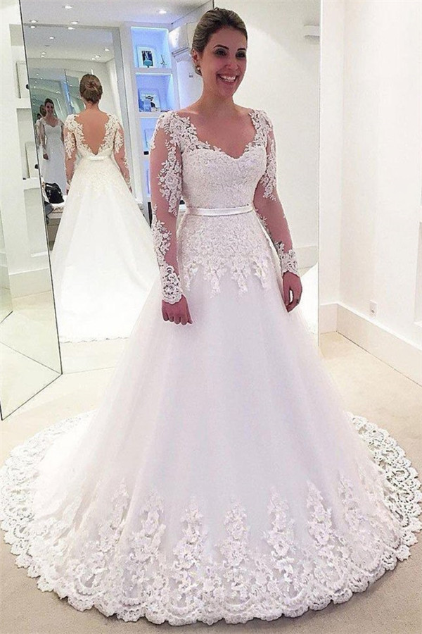Long A-line V-neck Satin Appliques Lace Backless Wedding Dresses with Sleeves - YESBABYONLINE
