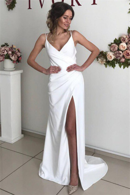 Sexy White Long Mermaid Backless Spaghetti Straps Backless Wedding Dresses with a Split - YESBABYONLINE