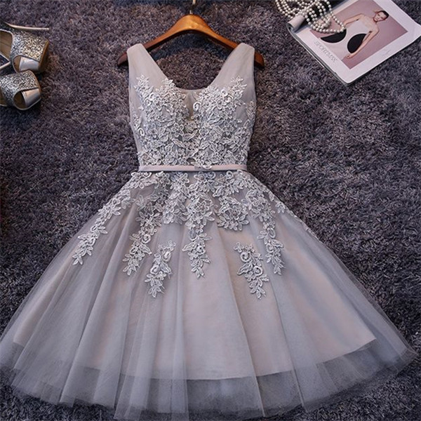Elegant Silver Short A-line V-neck Tulle Lace Homecoming Dresses - YESBABYONLINE
