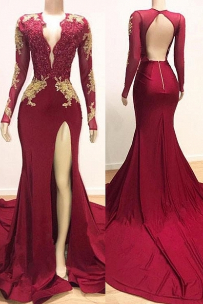Long Mermaid V-neck Lace Appliques Split Backless Prom Dresses with Sleeves - YESBABYONLINE