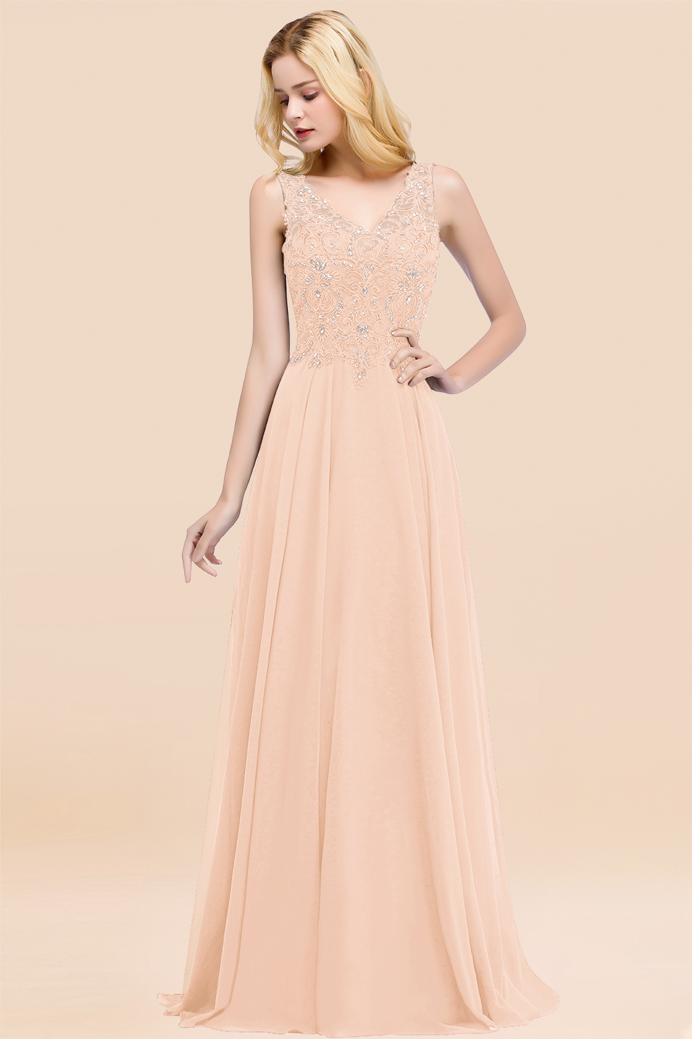 Long A-line Straps V Neck Applique Lace Floor Length Chiffon Bridesmaid Dresses - YESBABYONLINE