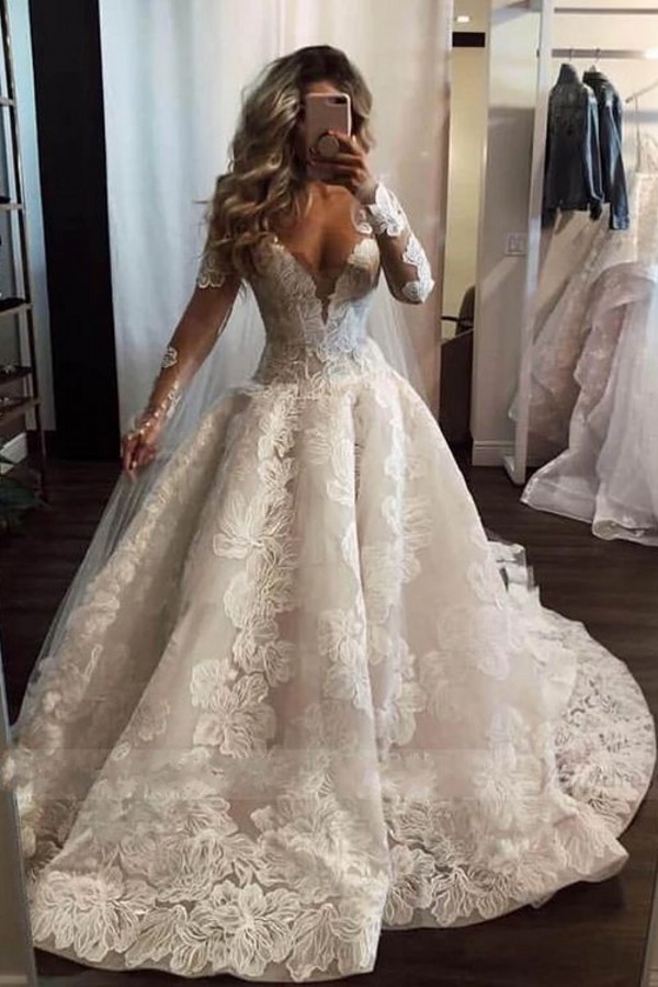 Long V Neck A Line Tulle Lace Wedding Dresses with Sleeves - YESBABYONLINE