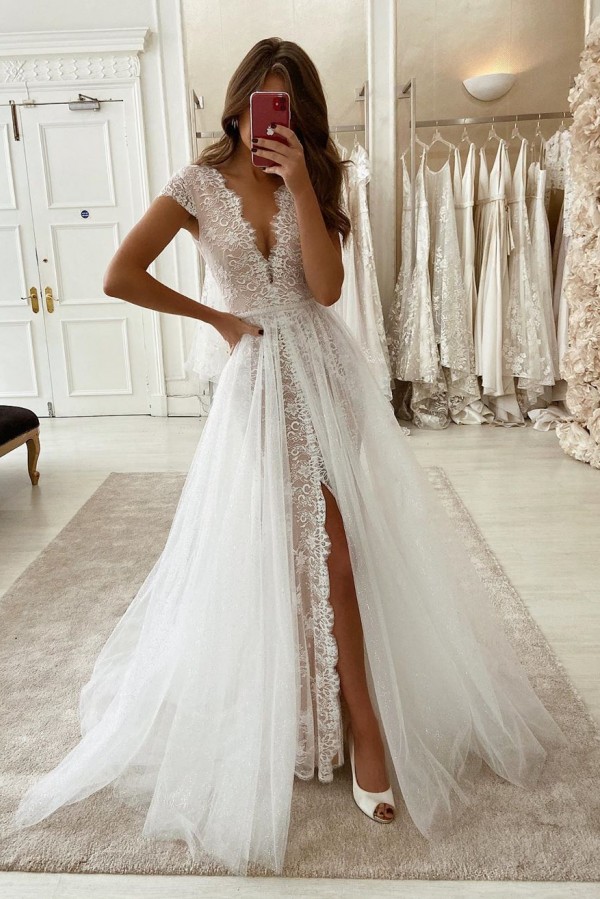 Long A-line V-neck Lace Tulle Wedding Dresses with Slit - YESBABYONLINE