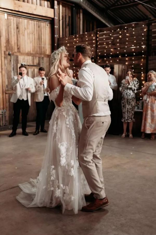 Elegant Long Off the Shoulder Satin Applique Lace Sleeveless A-Line Wedding Dresses - YESBABYONLINE