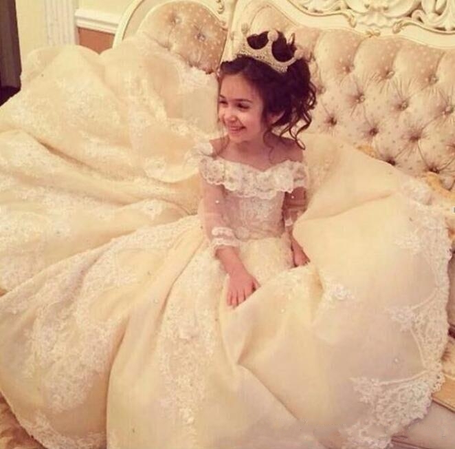 Luxury Long Ball Gown Off The Shoulder Flower Girl Dresses with Sleeves - YESBABYONLINE