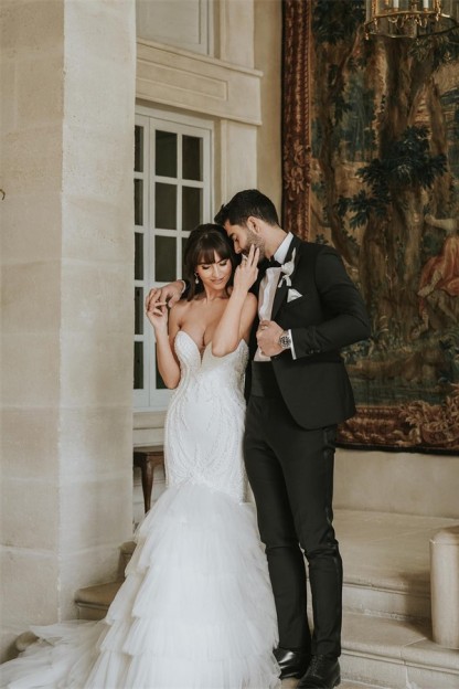 Gorgeous Long Mermaid Strapless Floor Length Tulle Lace Wedding Dress - YESBABYONLINE