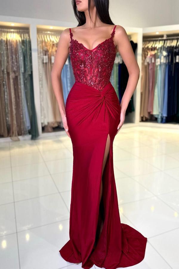 Classic Burgundy Long Mermaid V-Neck Spaghetti Straps Sleeveless Prom Dresses with Split - YESBABYONLINE