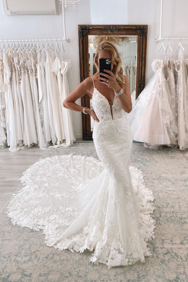 Long Sweetheart Spaghetti Straps Mermaid Open Back Wedding Dress with Train - YESBABYONLINE