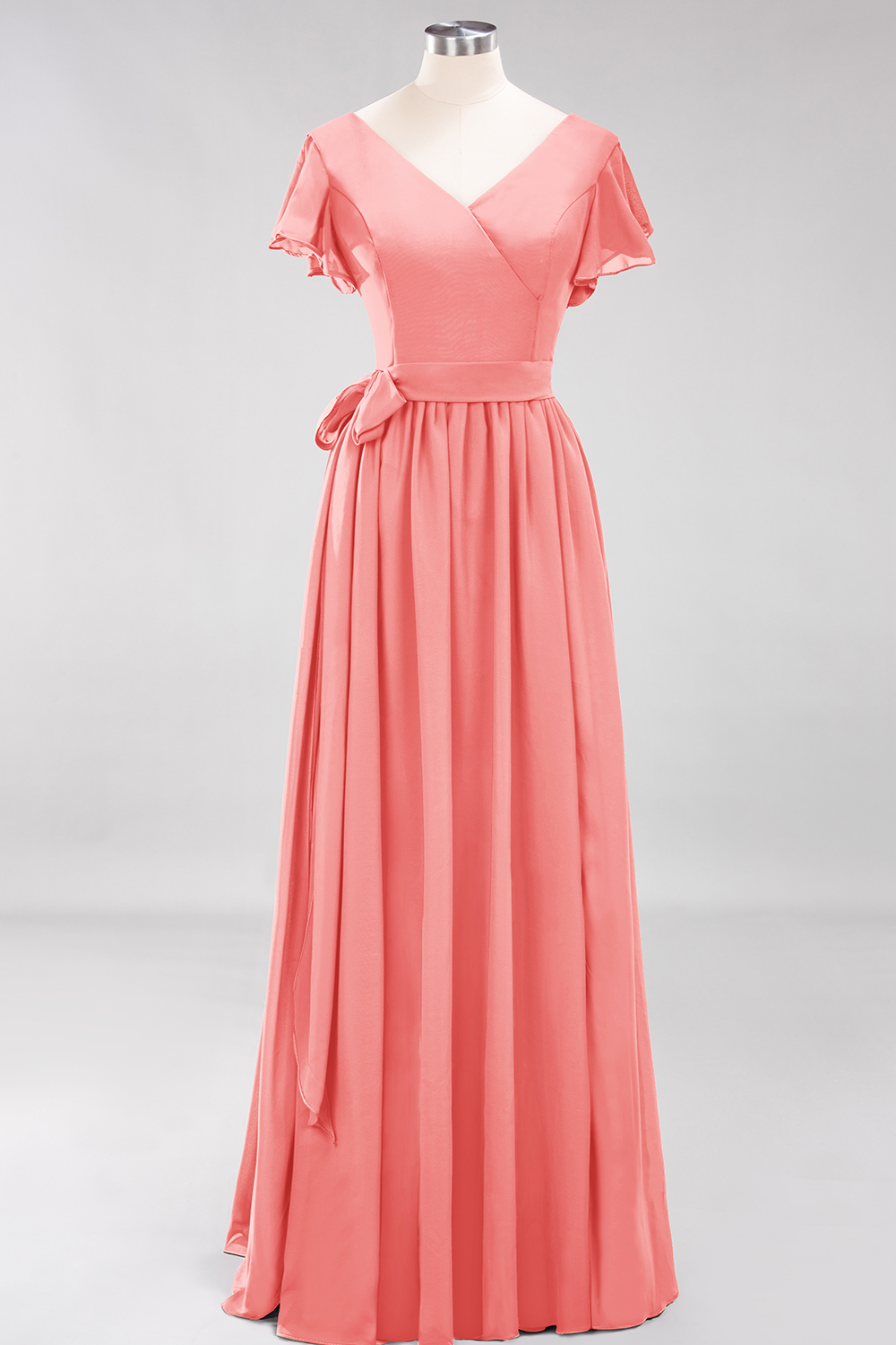 Elegant A-line V-Neck Short Sleeves Floor-Length Bridesmaid Dresses with Bow Sash - YESBABYONLINE