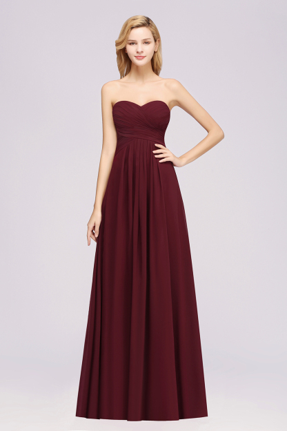 Long A Line Sweetheart Strapless Ruffles Floor Length Chiffon Bridesmaid Dress - YESBABYONLINE