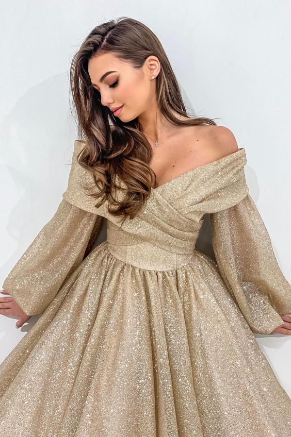 Gold Long Sleeve Off The Shoulder A Line Draped Tulle Prom Dress with Beads