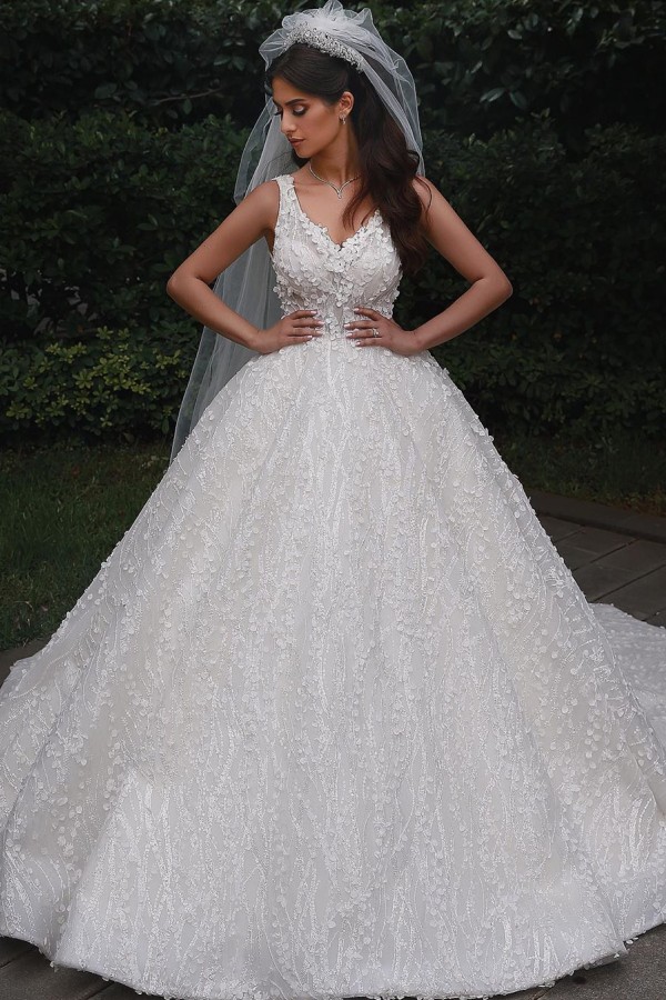 Elegant Long Straps V Neck Backless Tulle Lace Ball Gown Wedding Dresses - YESBABYONLINE