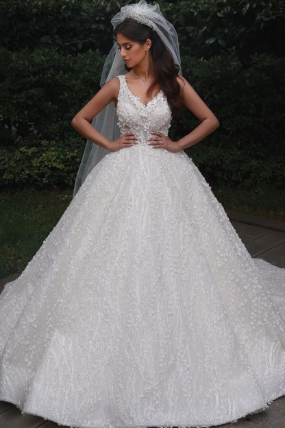 Elegant Long Straps V Neck Backless Tulle Lace Ball Gown Wedding Dresses - YESBABYONLINE