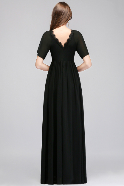 Long Black A-line V-Neck Floor-Length Chiffon Bridesmaid Dresses with Sleeves - YESBABYONLINE