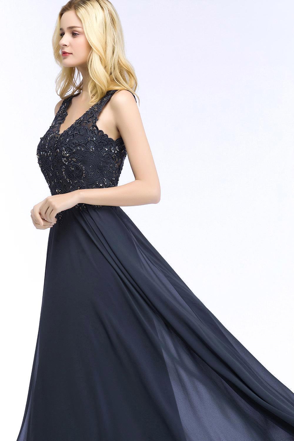 Long A-line Straps V Neck Applique Lace Floor Length Chiffon Bridesmaid Dresses - YESBABYONLINE