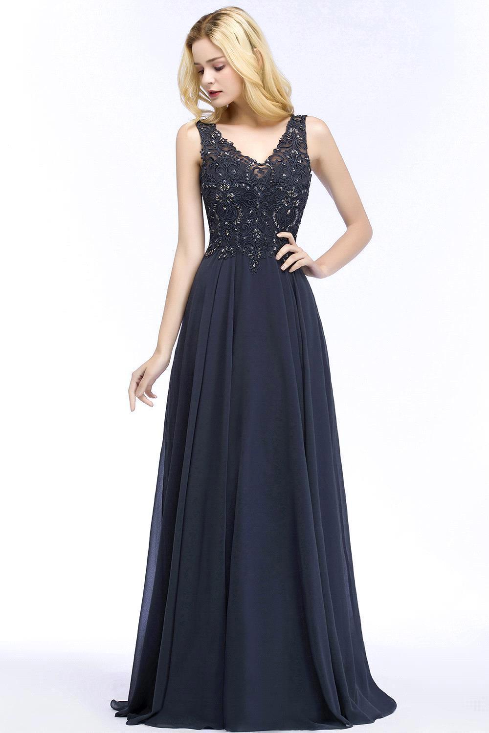 Long A-line Straps V Neck Applique Lace Floor Length Chiffon Bridesmaid Dresses - YESBABYONLINE