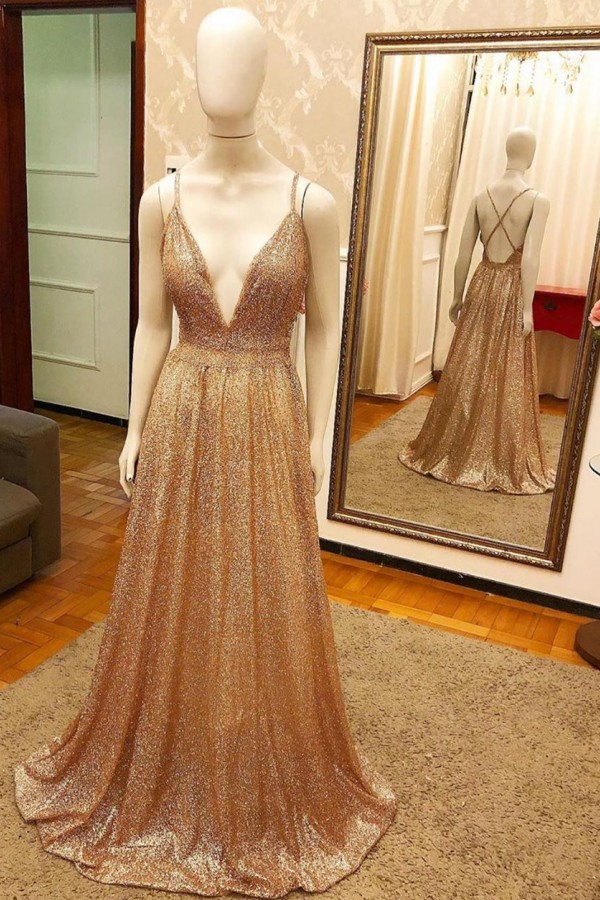 Gold Long A-line V-neck Sequined Backless Prom Dresses - YESBABYONLINE