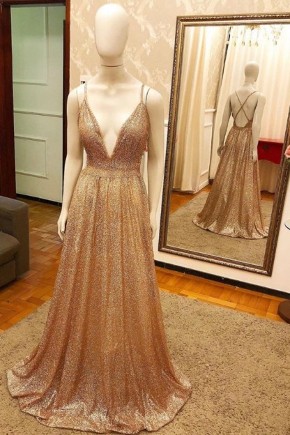 Gold Long A-line V-neck Sequined Backless Prom Dresses - YESBABYONLINE