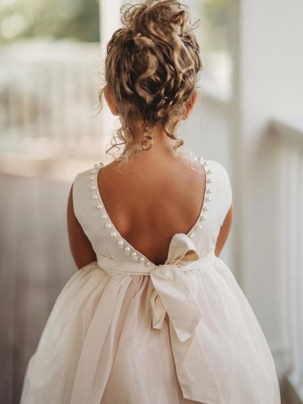 Ivory Satin Tulle Sleeveless Flower Girl Dress Formal Kids Dress for Party - YESBABYONLINE