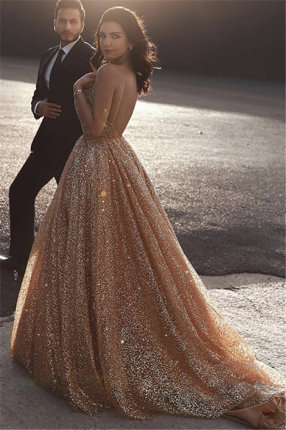 Champagne Elgant A-line Spaghetti Straps Backless Sequins Long Prom Dress - YESBABYONLINE