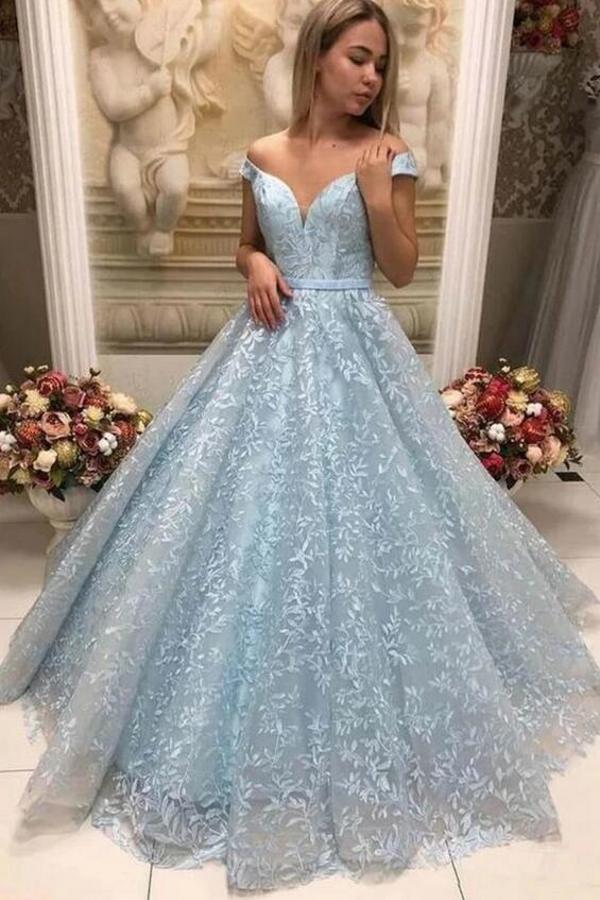 Elegant Long A-line Off The Shoulder Lace Appliques Prom Dresses - YESBABYONLINE