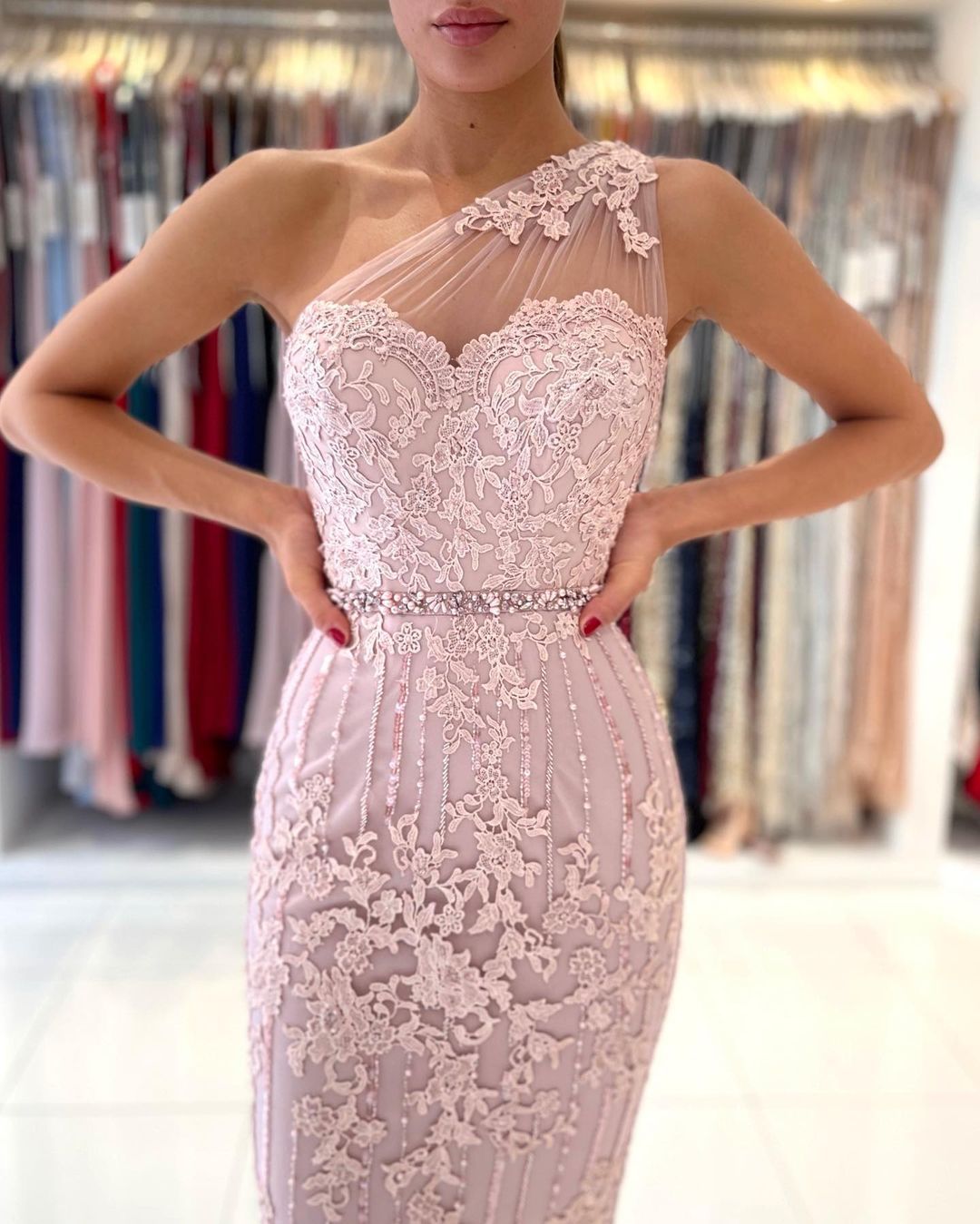Short One Shoulder Mermaid Floral Lace Formal Party Dress - YESBABYONLINE