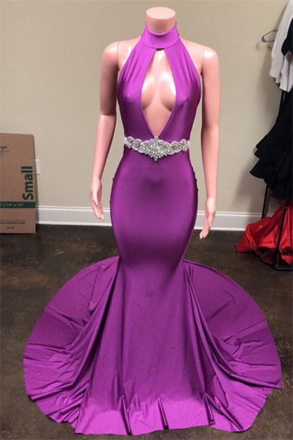 Purple Long Halter V-Neck Backless Sleeveless Mermaid Prom Dresses - YESBABYONLINE