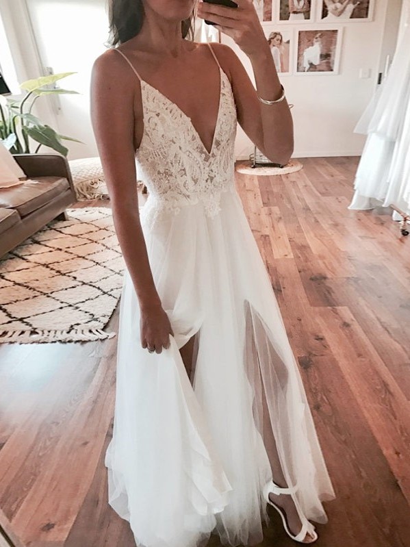 Sexy Long A-Line V-Neck Tulle Lace Open Back Wedding Dresses with Slit - YESBABYONLINE