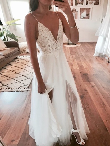 Sexy Long A-Line V-Neck Tulle Lace Open Back Wedding Dresses with Slit - YESBABYONLINE
