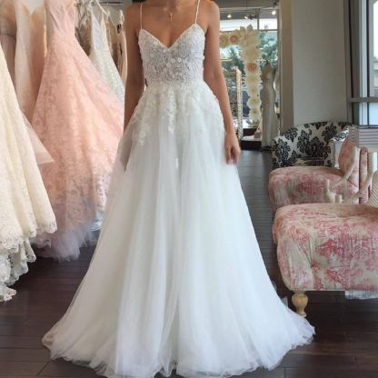 Long A-line Spaghetti Strap Sleeveless Tulle Lace Wedding Dress - YESBABYONLINE