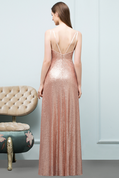 Long A line Sequined Scoop Sleeveless Floor Length Backless Bridesmaid Dresses - YESBABYONLINE