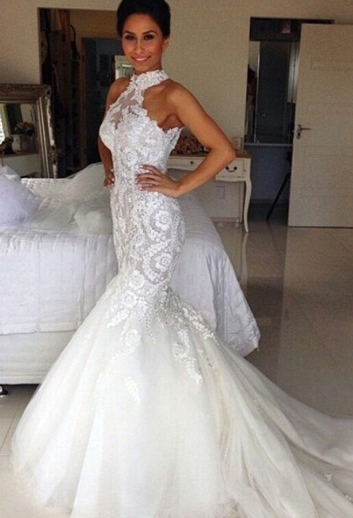 Long Halter Tulle Applique Lace Sleeveless Mermaid Wedding Dresses - YESBABYONLINE