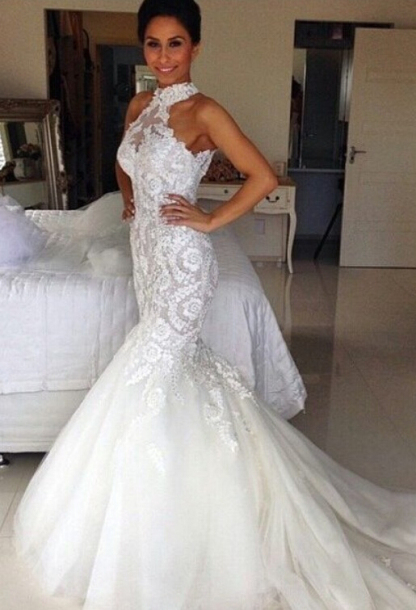 Long Halter Tulle Applique Lace Sleeveless Mermaid Wedding Dresses - YESBABYONLINE