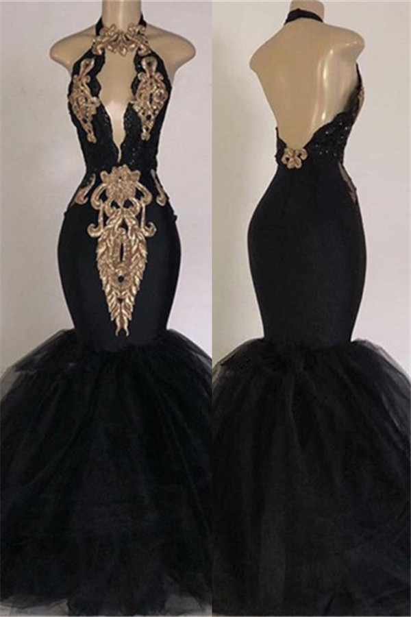Black Long Mermaid Halter Backless Prom Dresses with Gold Appliques - YESBABYONLINE