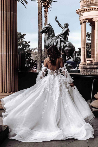 A-line Off the Shoulder Floor Length Tulle Wedding Dresses With Long Sleeves - YESBABYONLINE