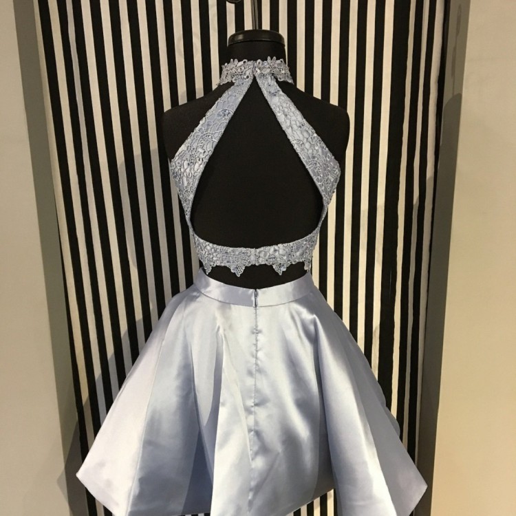 Cute Two Pieces A-line Halter Satin Lace Homecoming Dresses - YESBABYONLINE