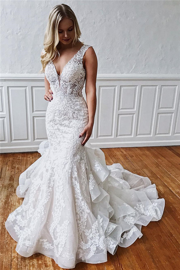 Long V-neck Lace Mermaid Open Back Wedding Dresses - YESBABYONLINE