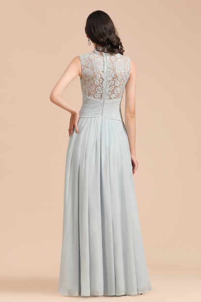 Long A-line High Neck Chiffon Lace Floor Length Bridesmaid Dresses - YESBABYONLINE