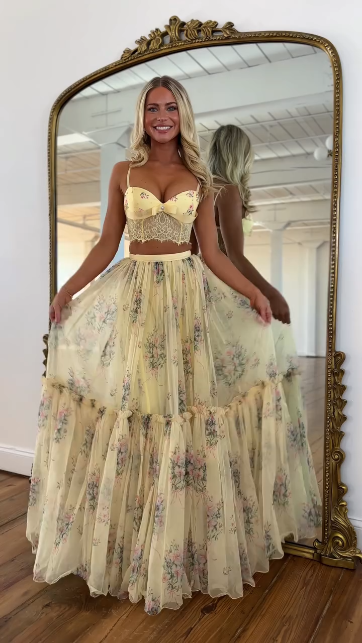 A-line Floral Sweetheart Two Piece Prom Dress