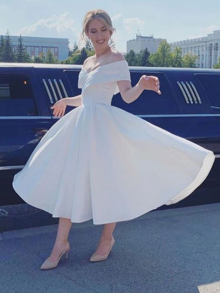 Elegant Short Off the Shoulder A-Line Tea-length Ruffles Satin Wedding Dress - YESBABYONLINE