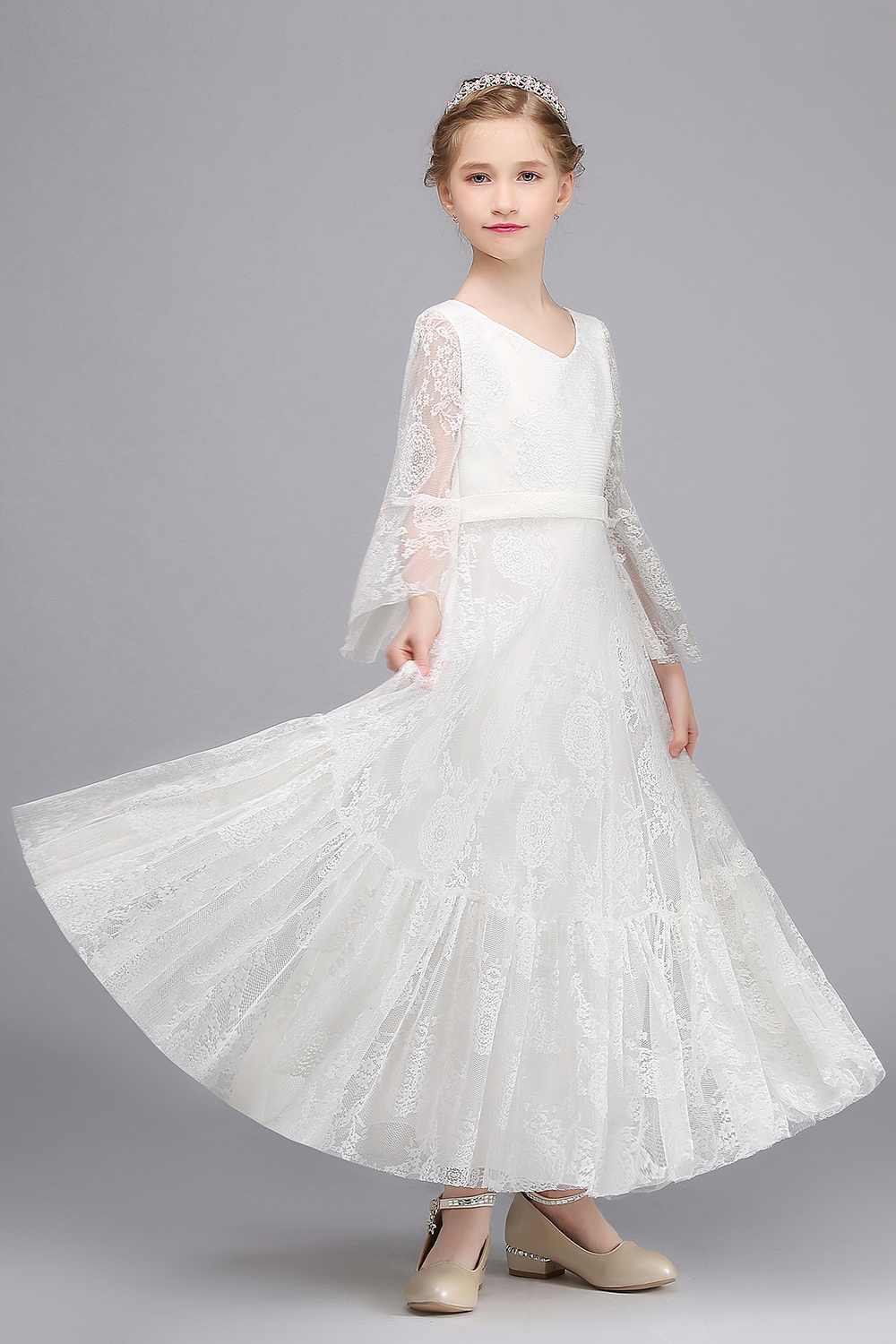 A-line V-neck Long Sleeve Appliques Lace Full Length Flower Girl Dress - YESBABYONLINE