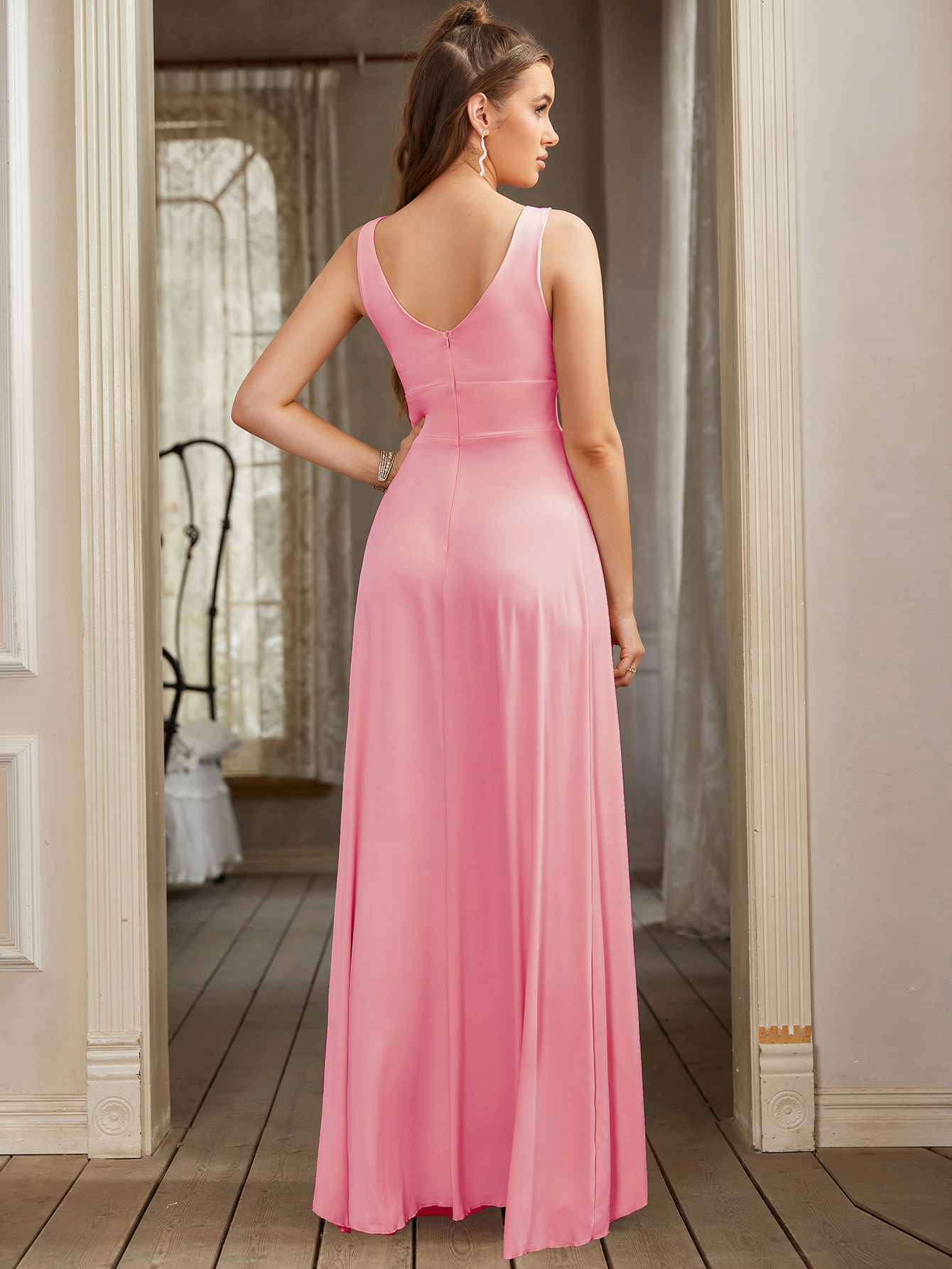 Elegant Long V-neck A-line Bridesmaid Dress with Split - YESBABYONLINE