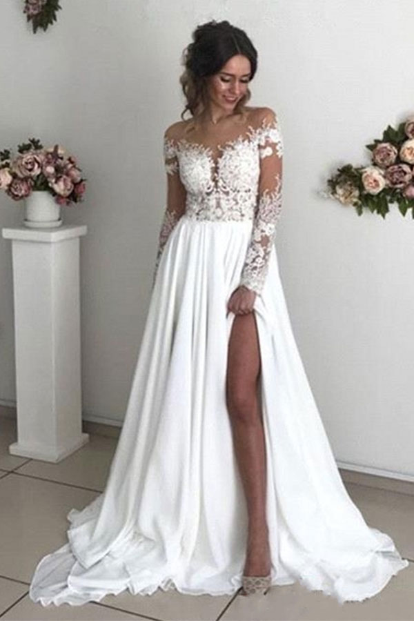 Long Sleeves A-Line Chiffon Lace Sweetheart Backless Wedding Dresses with Slit - YESBABYONLINE